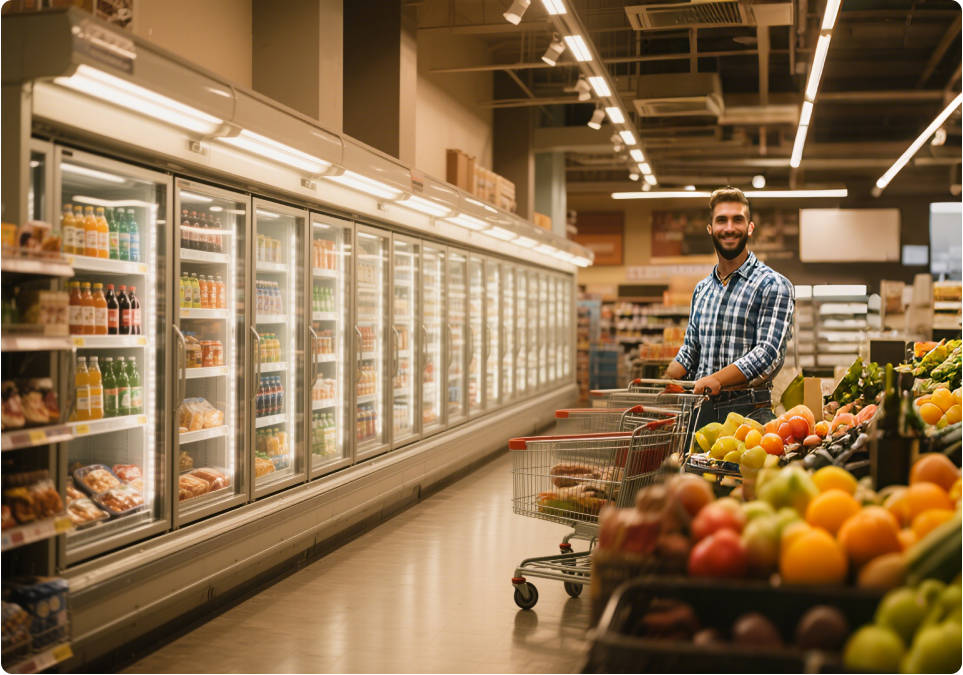 A smiling man is standing in front of the air curtain cabinet, pushing a shopping cart.