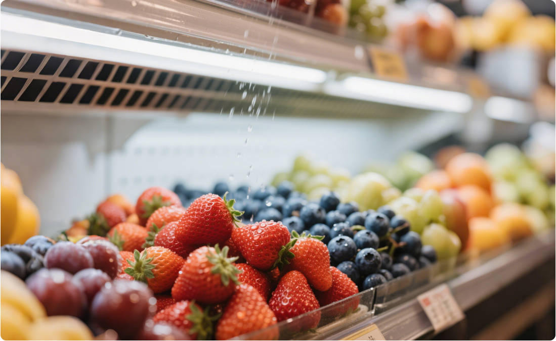 Fresh fruits in the air curtain cabinet